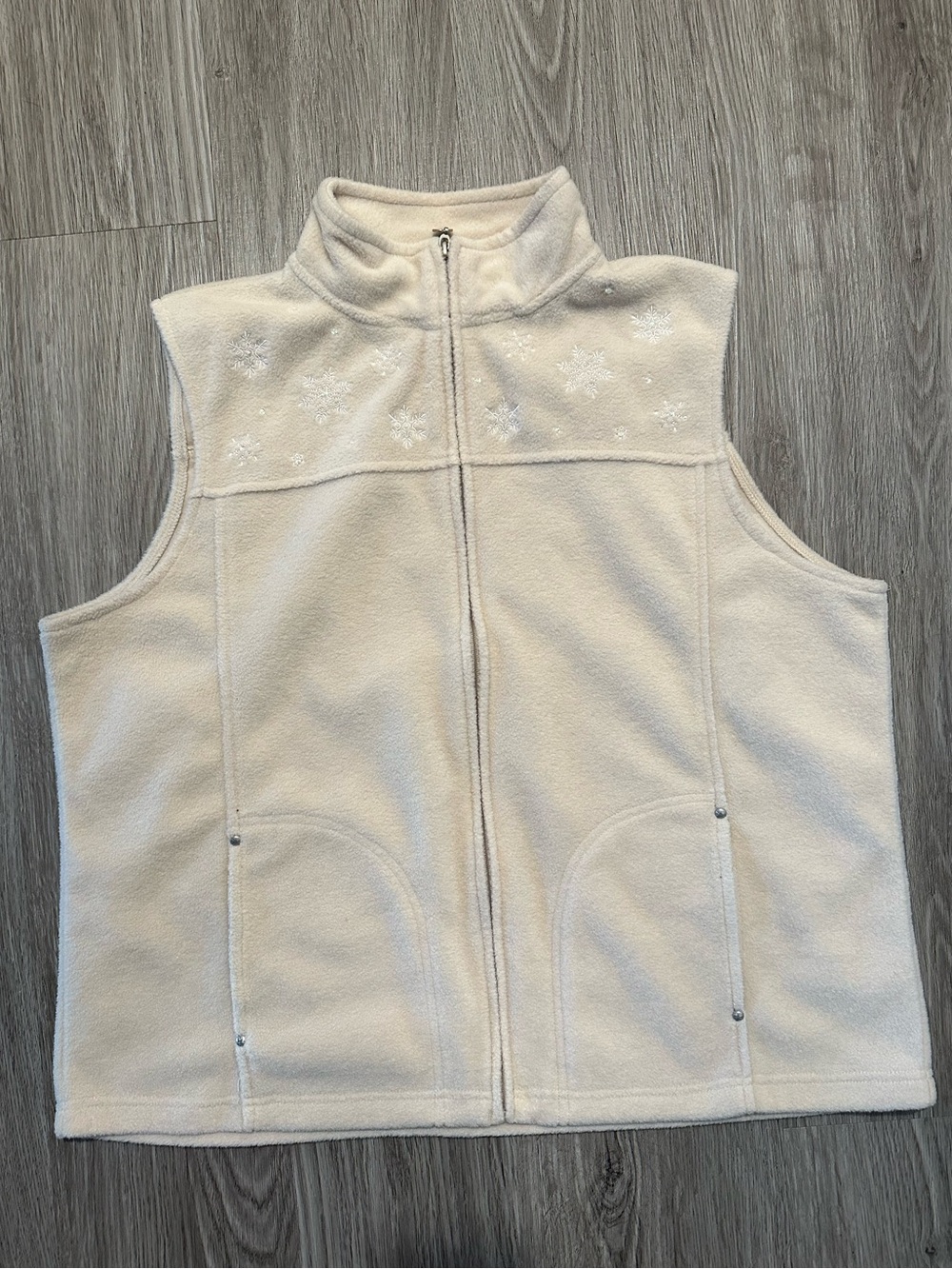Northern Reflections Cream Fleece Zip Up Vest with Snowflake and Sequin Accents